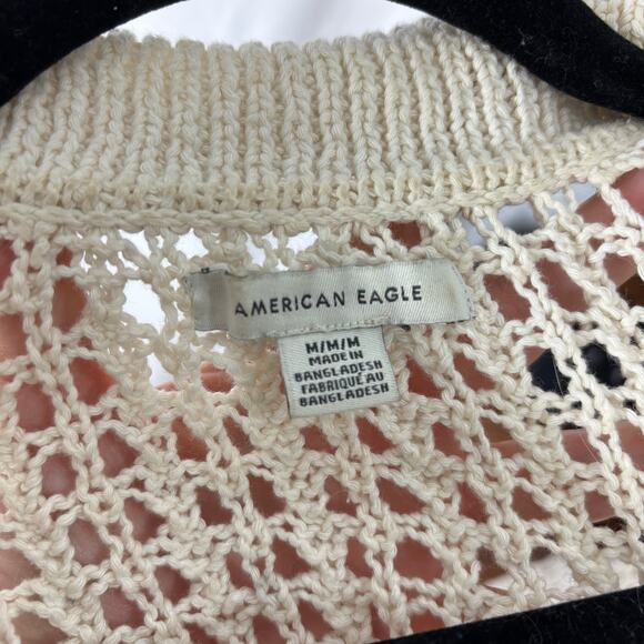 American Eagle Crochet Polo Sweater M Boho Tassel Tie Open Knit Beachy Layer - Picture 5 of 5